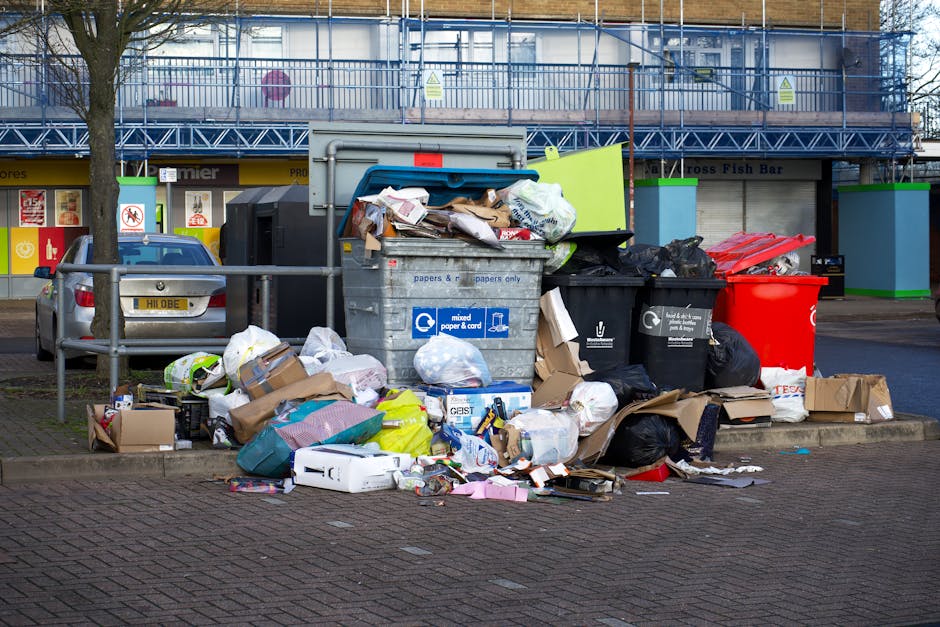 In the foreground, three large orange wheelie bins with black lids are positioned close together on a paved surface, some lids slightly askew. Behind the bins, a dense patch of green shrubbery partial