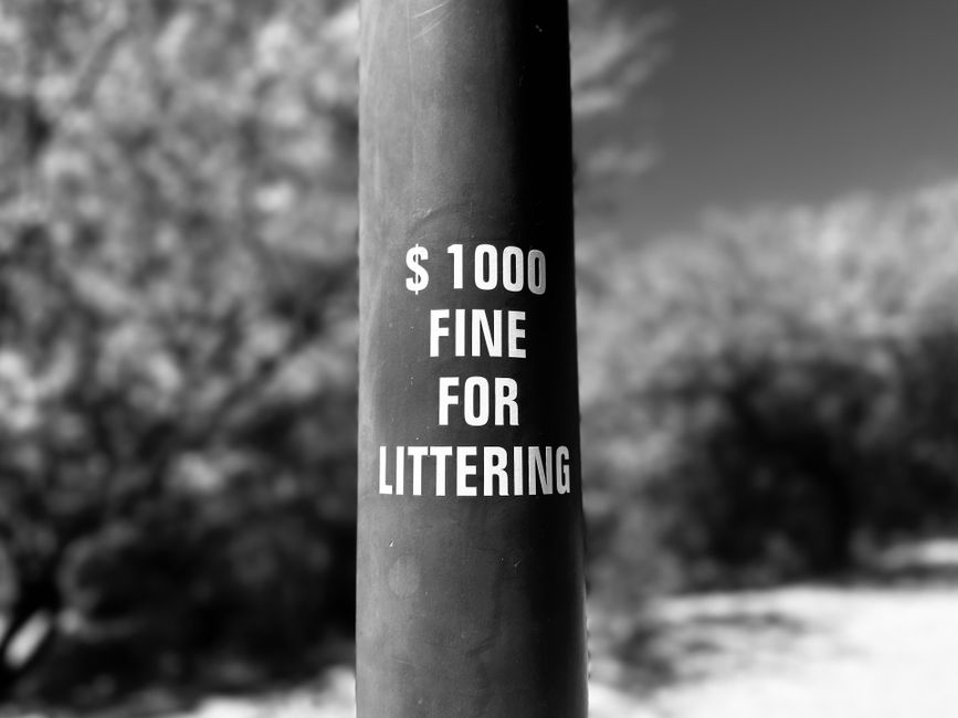 A close-up image of a vertical cylindrical pole, likely made of metal or durable plastic, with a smooth surface painted in dark grey. The pole features a white printed warning notice that reads '$1000