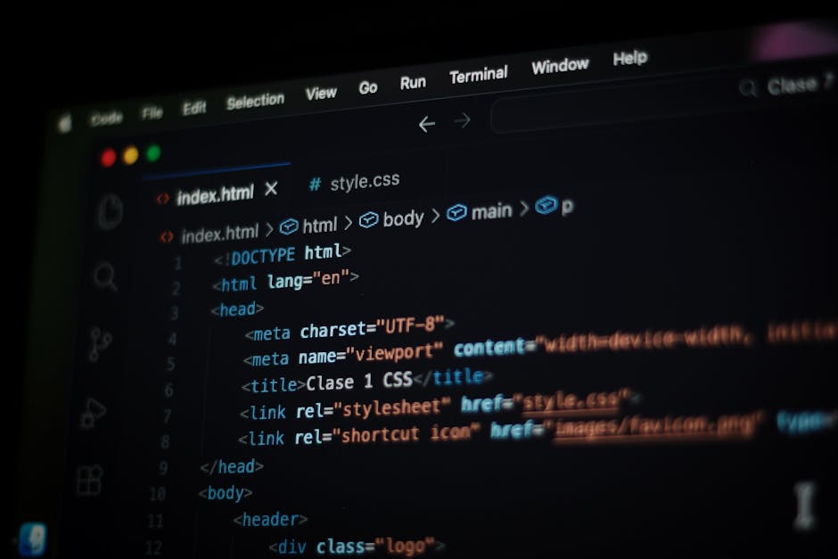 A computer screen displaying a code editor with a dark theme, featuring a line of HTML code. The code includes elements such as '<!DOCTYPE html>', '<html>', '<head>', '<meta charset=